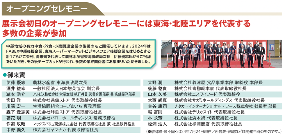 オープニングセレモニー 展示会初日のオープニングセレモニーには東海・北陸エリアを代表する多数の企業が参加 中部地域の有力中食・外食・小売関連企業の後援のもと開催しています。2024年はFABEX中部後援企業、東海スーパーマーケットビジネスフェア後援企業をはじめとする計17名がご参列。御来賓を代表して農林水産省東海農政局次長 伊藤優志氏からご祝辞をいただき、その後テープカットが行われ、多数の業界関係者にお集まりいただきました。 ●御来賓 伊藤優志 農林水産省 東海農政局次長 酒井益幸 一般社団法人日本惣菜協会 副会長 瀧本浩介 アルプス株式会社 営業本部 執行役員 営業企画部長 兼 店舗業務部長 宮田洋 株式会社遠鉄ストア 代表取締役社長 川端宏一 生活協同組合コープあいち 専務理事 森下登志恵 株式会社静鉄ストア 代表取締役社長 篠花明 株式会社バロー ホールディングス 常務取締役 作道政昭 マックスバリュ東海株式会社 代表取締役社長 兼 社長執行役員 中野義久 株式会社ヤマナカ 代表取締役社長 大野潤 株式会社義津屋 食品事業本部 取締役 本部長 後藤稔貴 株式会社青柳総本家 代表取締役社長 山本久美 株式会社エスワイフード 代表取締役 大西尚真 株式会社サガミホールディングス 代表取締役社長 金谷康司 チタカ・インターナショナル・フーズ株式会社 社長室 部長 堀富則 株式会社デリカスイト 代表取締役社長 林永芳 株式会社浜木綿 代表取締役社長 松浦浩人 株式会社松浦商店 代表取締役社長 （※敬称略・順不同・2024年7月24日現在／所属先・役職などは開催当時のものです。）